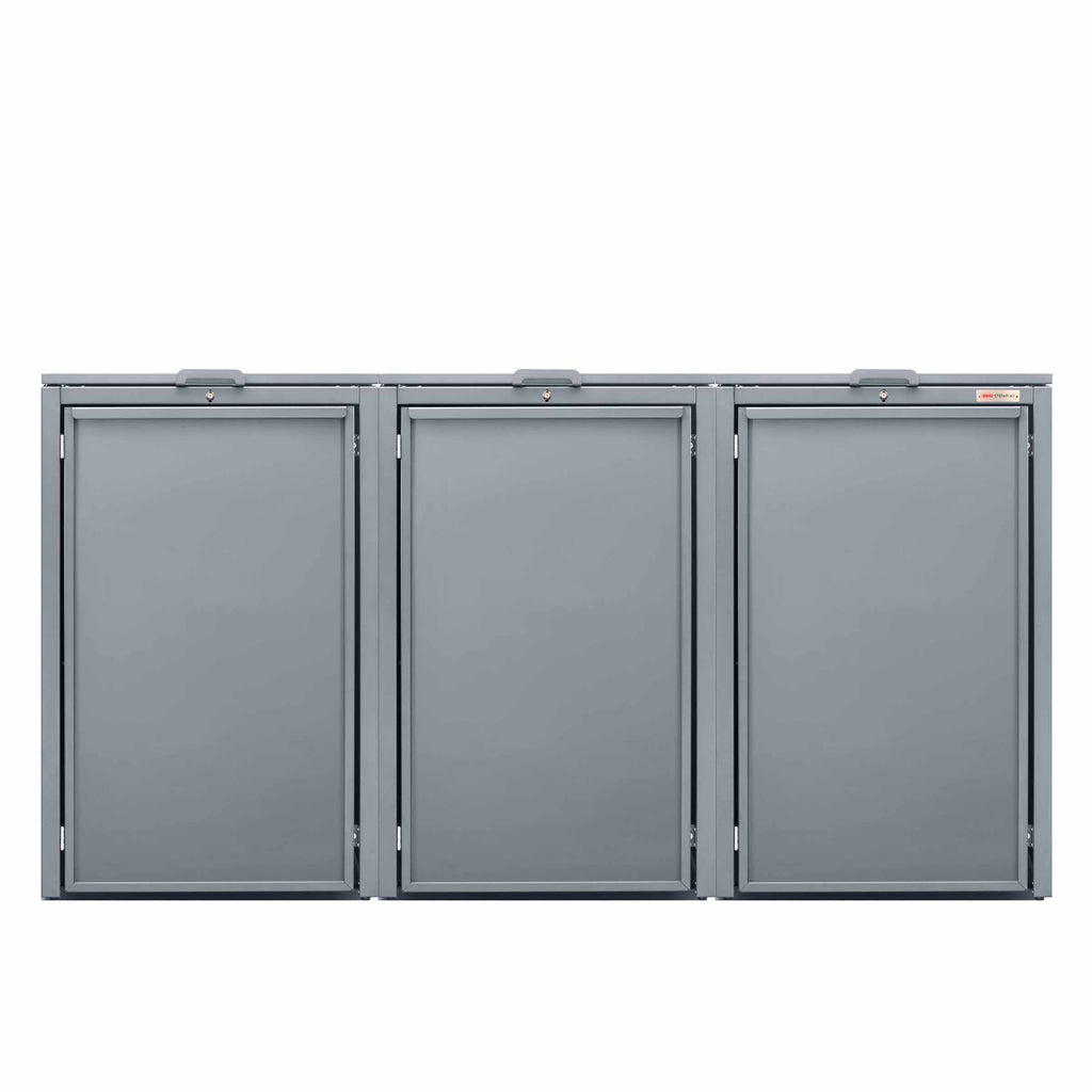 Grau (RAL7045) Stahlfred von BIO Stefan - Klappdeckel für Mülltonnenbox, Mülltonnenbox 3er mit Klappdeckel 7045 Farbe Telegrau mit Klappdeckel