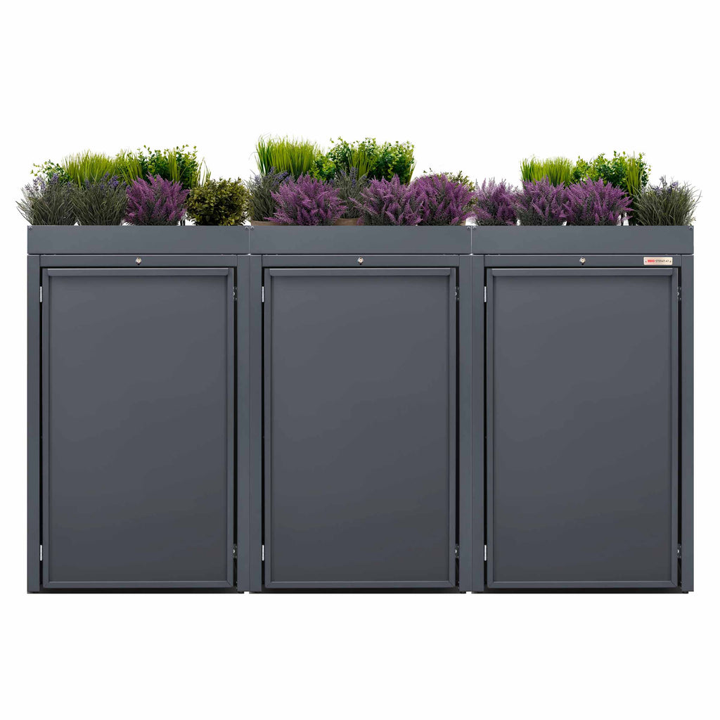 Anthracite (RAL7016) Stahlfred by BIO Stefan - Planting roof for trash can box, trash can box 3er with planting roof 7016 hinged lid color anthracite with planting roof