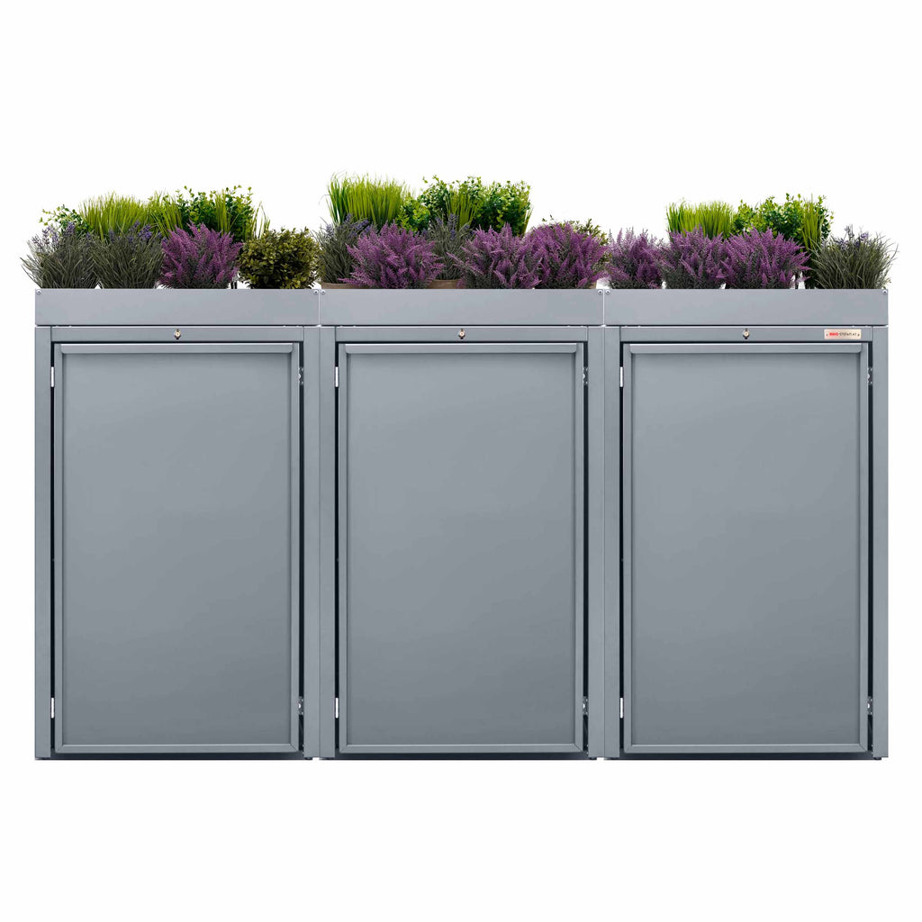 Gray (RAL7045) Stahlfred by BIO Stefan - Planting roof for trash can box, trash can box 3er with planting roof 7045 color telegrey with planting roof