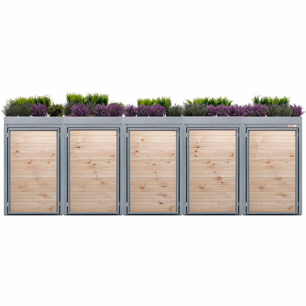 Grau (RAL7045) Der Holzmichl von BIO Stefan - Pflanzdach für Mülltonnenbox, Mülltonnenbox 5er mit bepflanz telegrau Farbe Telegrau mit Pflanzdach
