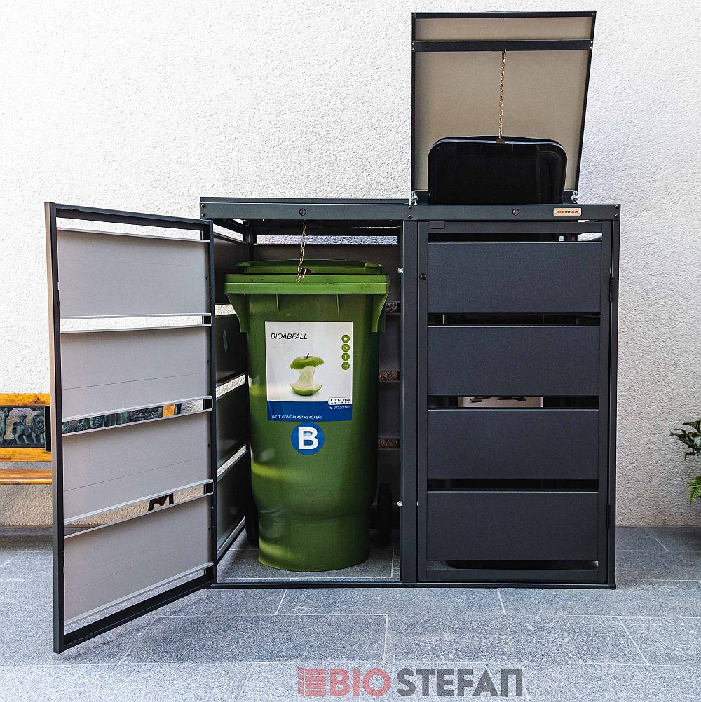 Mülltonnenbox mit Deckel offen Anthrazit 2er BIO Stefan Farbe Anthrazit mit Klappdeckel