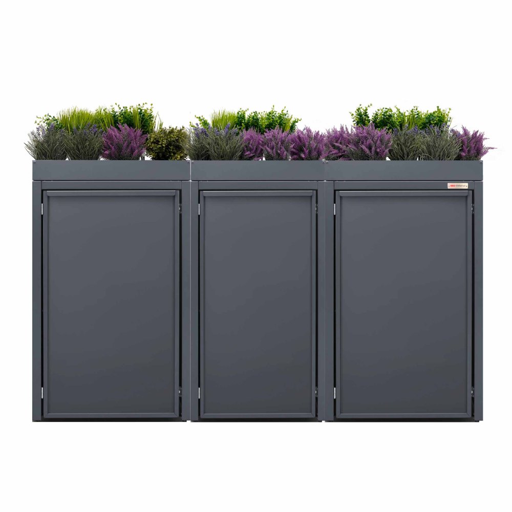 Stahlfred by BIO Stefan - Planting roof for dustbin box, dustbin box 3er with planting roof 7016 hinged lid color anthracite with planting roof 120+240 120-240 Stahlfred combination with planting roof
