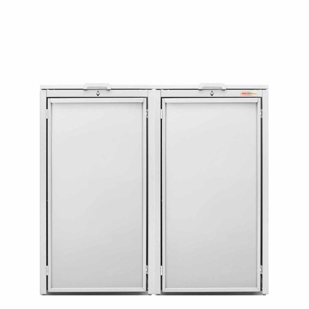 White (RAL9016) garbage can box 2er 120 Stahlfred from BIO Stefan - hinged lid for garbage can box, garbage can box 2er with lid color brilliant white with hinged lid