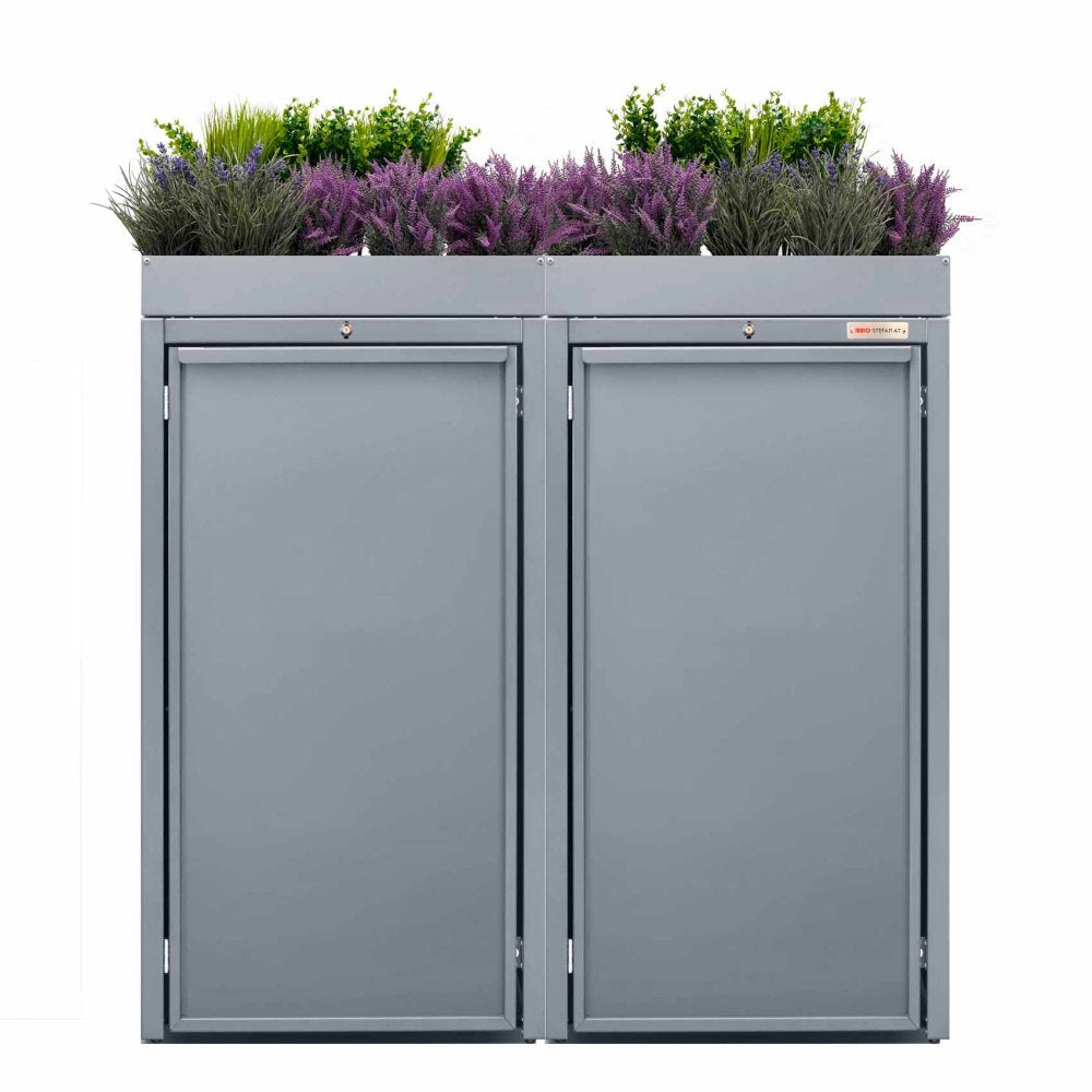 Gray (RAL7045) Stahlfred by BIO Stefan - Planting roof for trash can box, trash can box 2er with lid 7045 color telegrey with planting roof