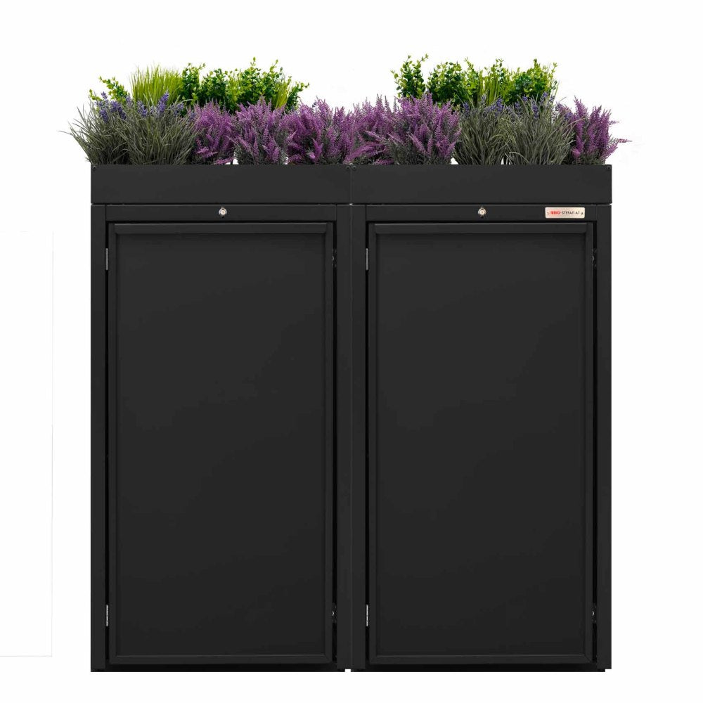 Black (RAL9005) garbage can box 2er 120 Stahlfred by BIO Stefan - Planting roof for garbage can box, garbage can box 2er 9005 color black with planting roof