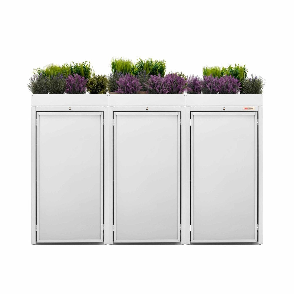White (RAL9016) Stahlfred by BIO Stefan - Planting roof for trash can box, trash can box 3er with planting roof 9016 color brilliant white with planting roof