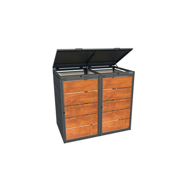 Mülltonnenbox mit Deckel Müllbox 2 tonnen Holz beidseitig montierbar Farbe Goldene Eiche Klappdeckel