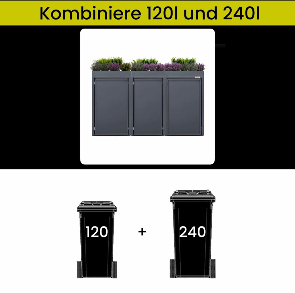 120-240 Stahlfred combination with planting roof Planting roof Stahlfred 7016 anthracite, combined version 120 and 240 liters, waste bin cover