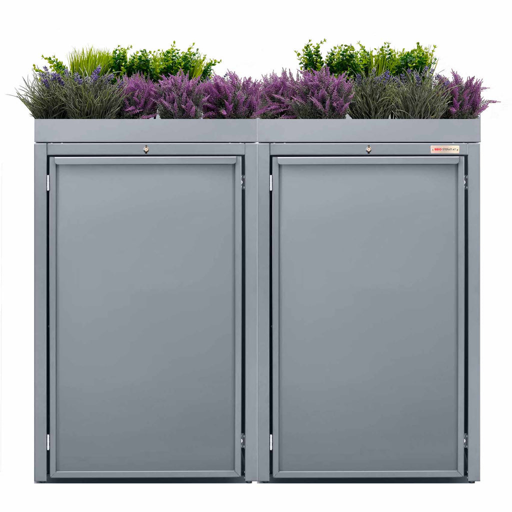 Gray (RAL7045) Stahlfred by BIO Stefan - Planting roof for trash can box, trash can box 2er with lid 7045 color telegrey with planting roof