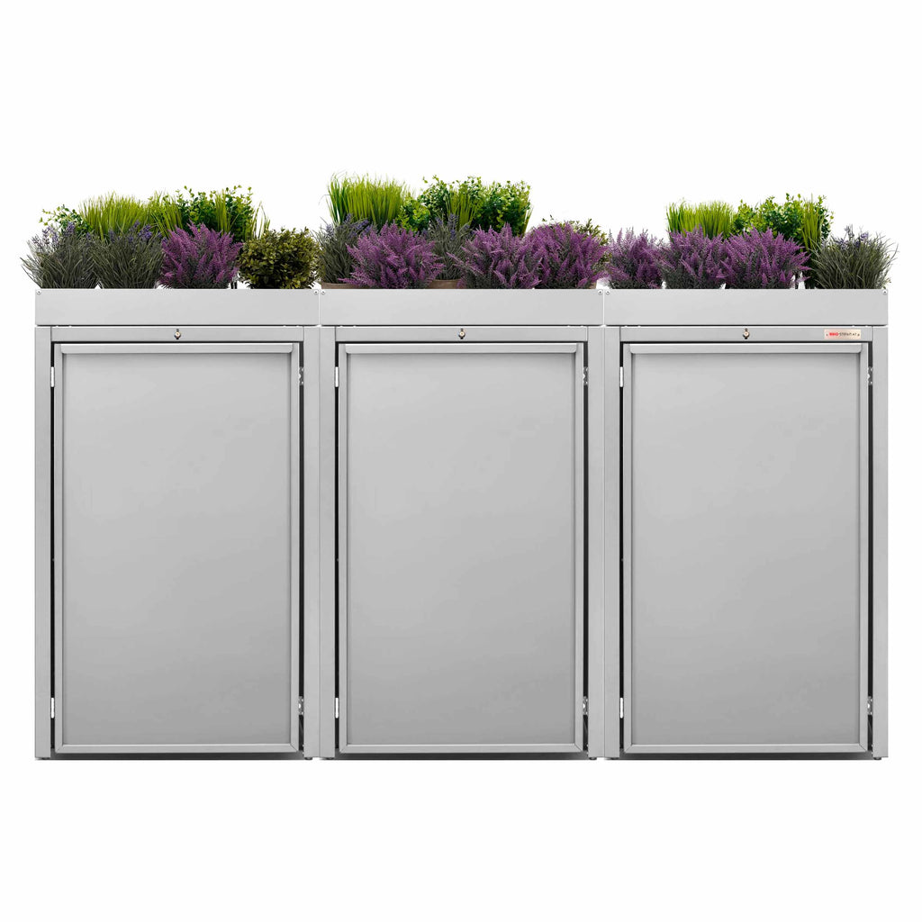 Light gray (RAL7035) trash box 3er metal Stahlfred of BIO Stefan - planting roof for trash can box, trash can box 3er with planting roof 7035 color light gray with planting roof