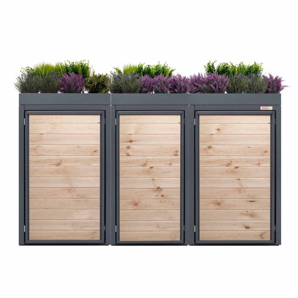 The Holzmichl in 120 and 240l combined by BIO Stefan - 120-240 Holzmichl combination with planting roof for garbage can box, garbage can box with planting roof 7016 color anthracite with planting roof