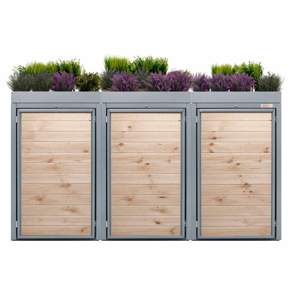 Gri (RAL7045) Cutie de depozitare pentru coșuri de gunoi 3er 240 Wood - Acoperiș pentru jardiniere pentru cutie de depozitare pentru coșuri de gunoi, cutie de depozitare pentru coșuri de gunoi 3er Telegrey 7045 Culoare Telegrey cu acoperiș pentru jardiniere