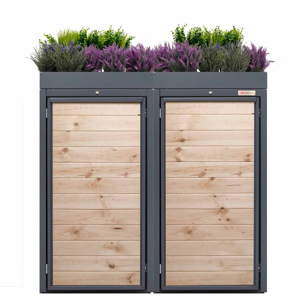 Antracit (RAL7016) cutie de gunoi 2er cutie de gunoi din lemn cu acoperiș pentru plante Holzmichl metal lemn design 7016 culoare antracit cu acoperiș pentru plante